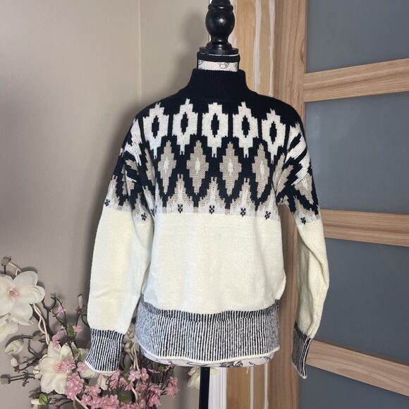 89th & Madison Womens S Mock Neck Geometric Ivory Beige Black Knit Sweater - Picture 1 of 7